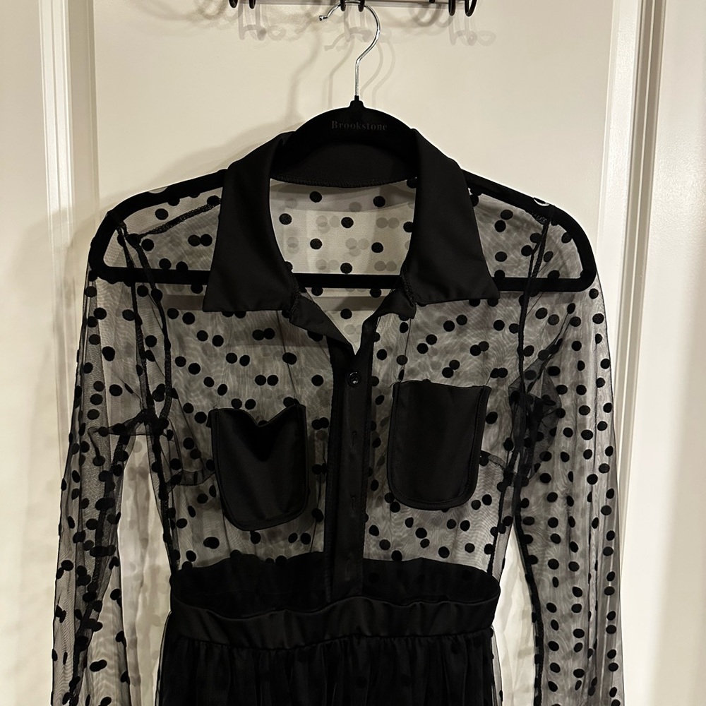 Black Sheer Polka Dot Long-Sleeve Maxi Dress – Size S - Picture 2 of 8